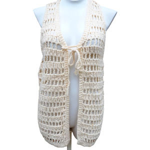 Vintage Crochet Knit Sweater‎ Vest Front Tie Cream Womens Size M